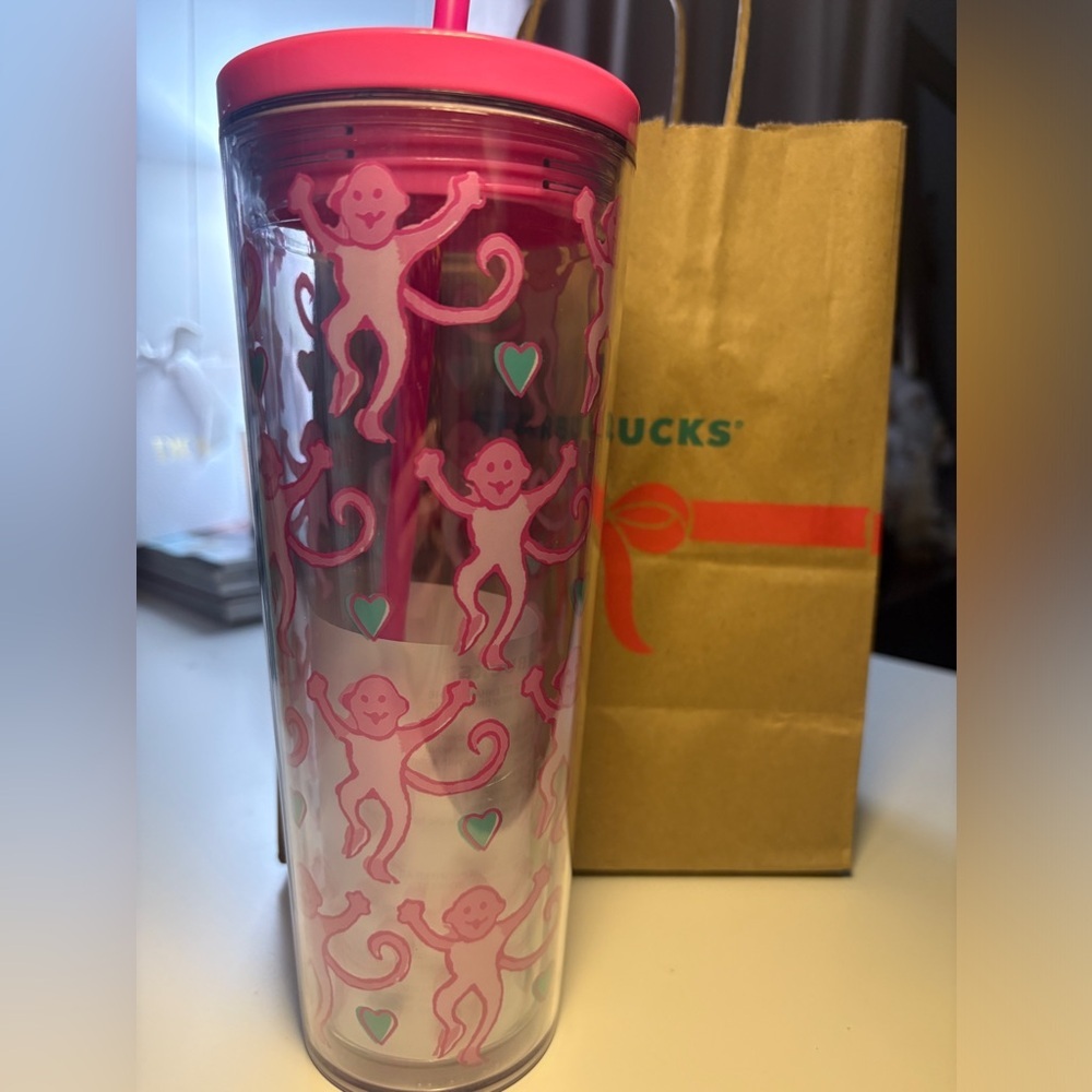 Starbucks x Roller Rabbit Pink Monkey Tumbler 24oz Limited Edition NEW